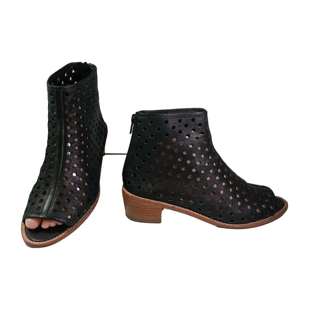 Loeffler Randall Ione Booties Perforated Open Toe Women's Size 10 Black Leather